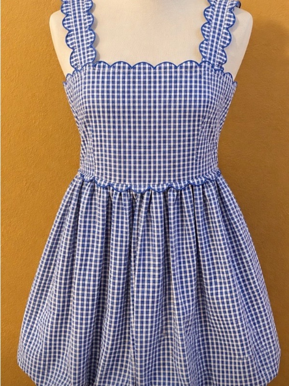 Peach Love California Blue Gingham Scalloped Strap Mini Dress